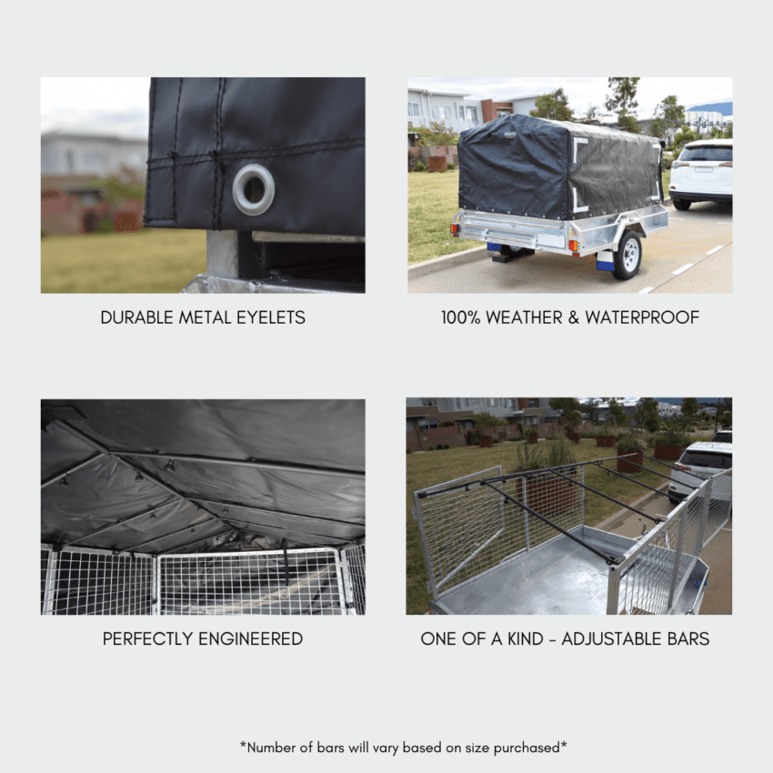 Rugged 7x4x3 Canopy Trailer Cover + Support Bar Structure - Premium Bundle